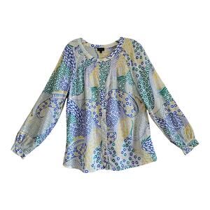 TALBOTS Women's M Peasant Blouse Smocked Button Up Crochet Accents Cotton 42"